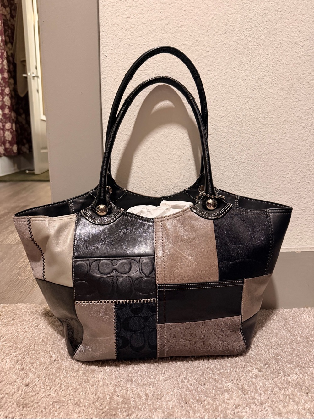 Coach Patchwork Shoulder Tote - Black & Taupe